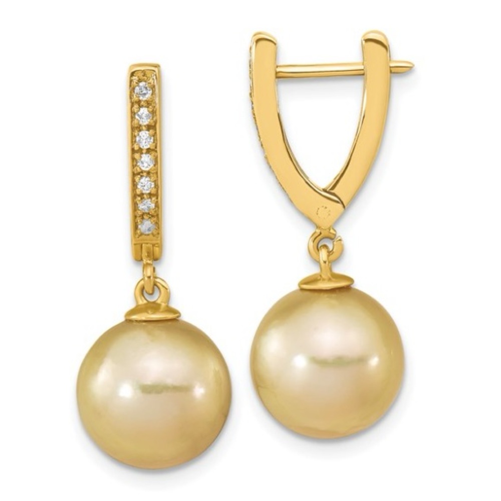 14k Gold Round Golden South Sea Saltwater Pearl & .105ct Diamond Dangle Earrings